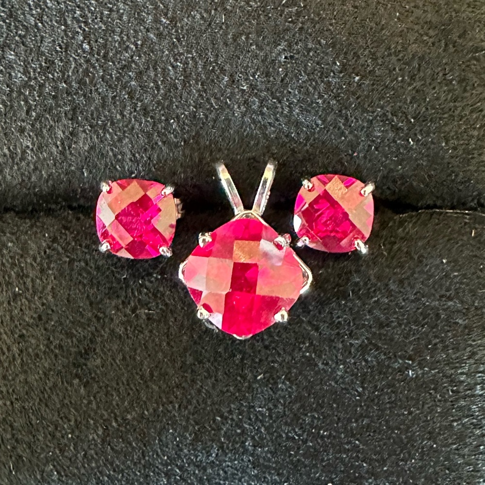 14k White Gold and Ruby Pendant and Earrings